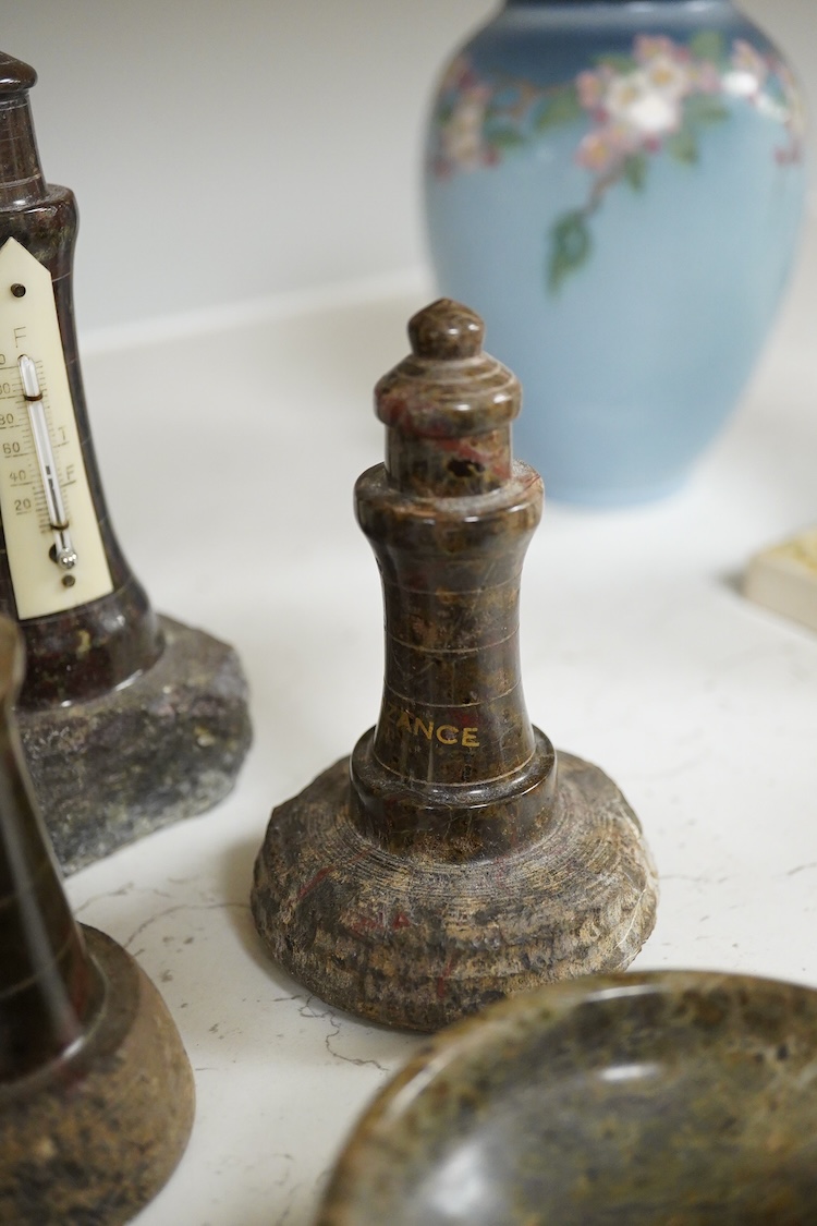 A collection of cornish serpentine to include a desk thermometer, map base and pin dish, largest 19cm high